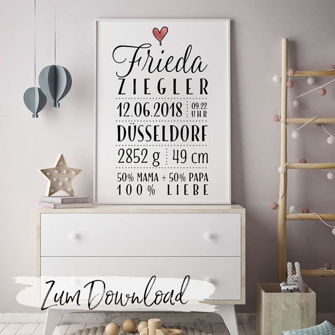 Poster zur Geburt personalisiert zum Ausdrucken